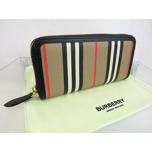 BURBERRY ELLERBY BLACK LEATHER ICON STRIPE CANVAS ZIP AROUND CONTINENTAL WALLET - Picture 2 of 14